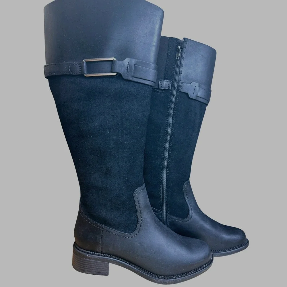 Clarks Womens‎ Black Leather Suede Tall Knee High Riding Boots Size 7.5 NEW